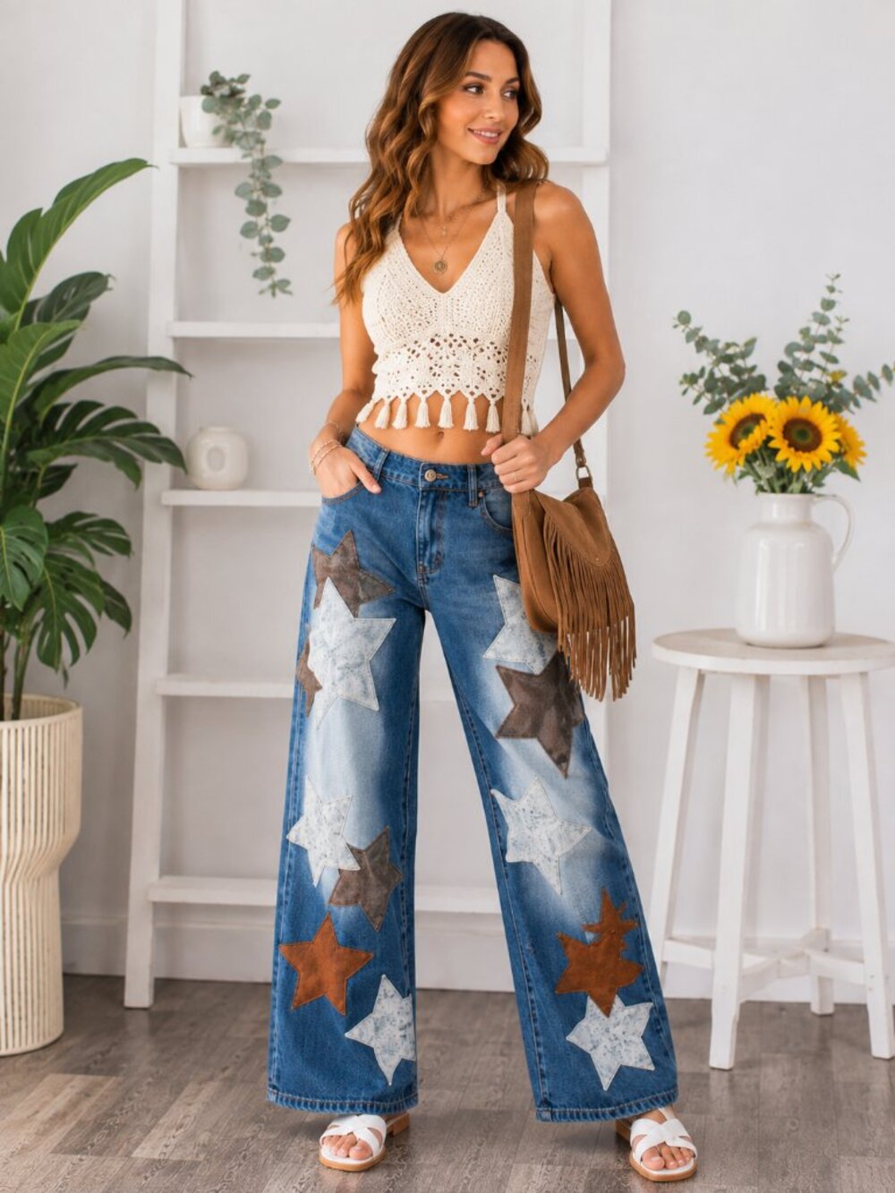 Oli & Hali Star Patchwork Straight Leg Jeans Large Blue Denim Brown Cream